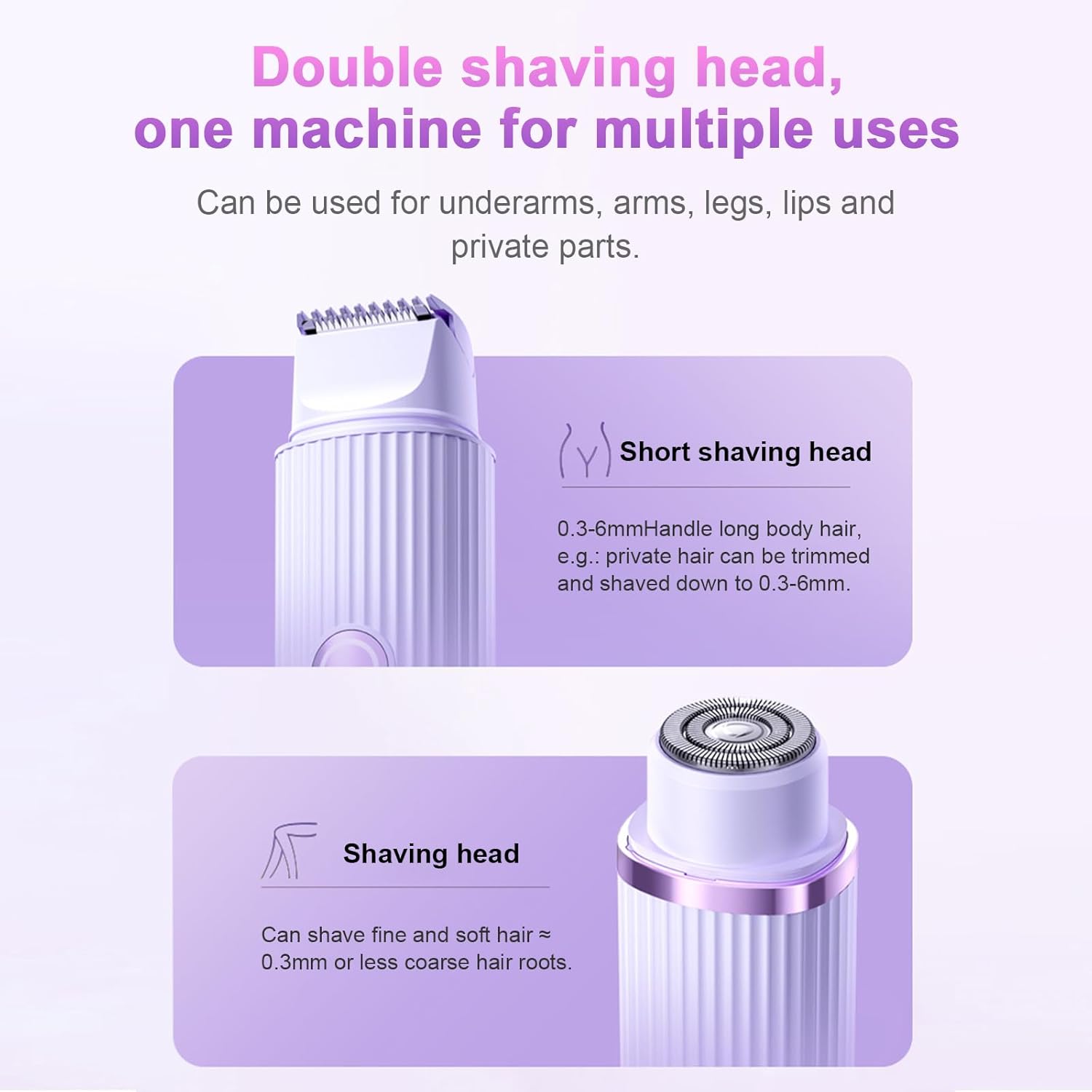Women Electric Shaver Razor Trimmer, 2 In 1 Electric Shaver for Women, IPX7 Waterproof Dual Head Lady Shaver ,Painless Hair Remover, Facial Hair Removal for Women for Eyebrows, Lips and Body